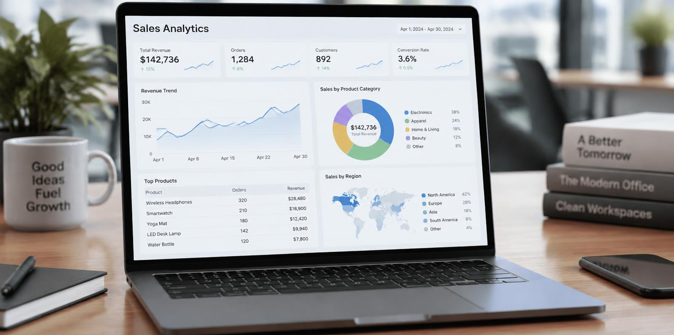 Laptop showing a sales and lead analytics dashboard