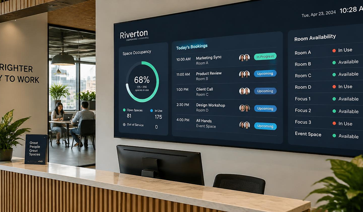 Coworking space with workspace management display