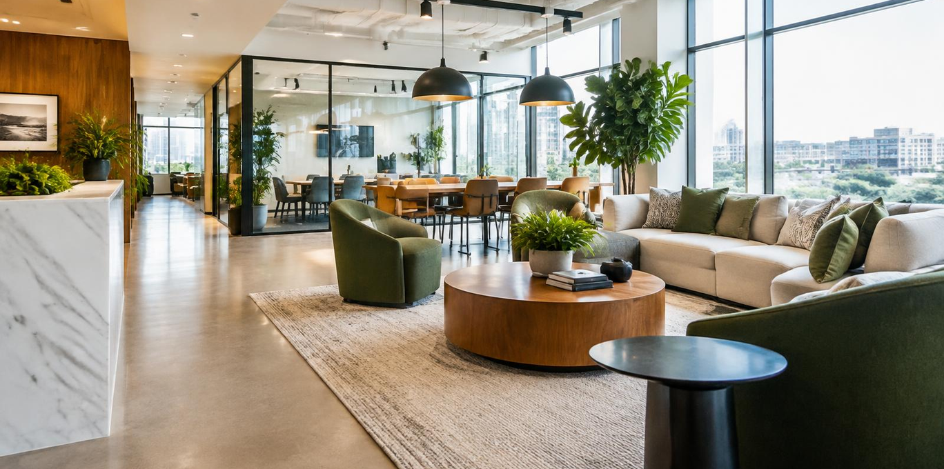 Commercial office interior with city views