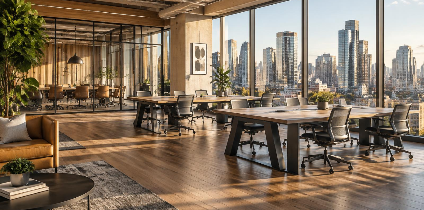 Bright office lounge and workspace for teams