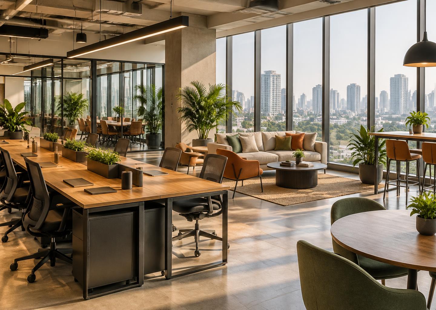 Bright modern coworking office with city views