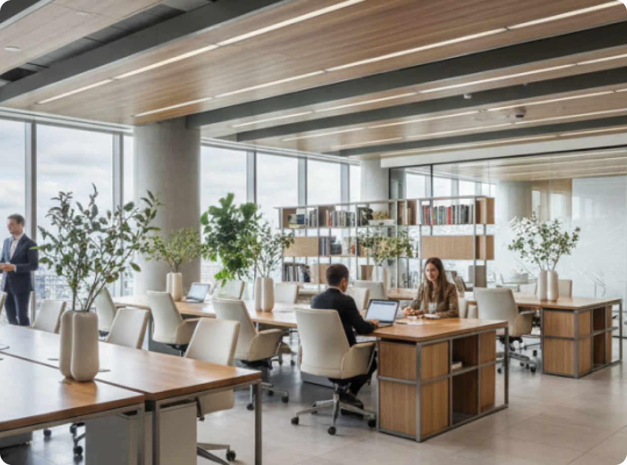 Modern commercial office workspace with desks and natural light